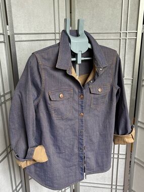 CAbi Workshop Jacket Blue Denim Shirt Yellow Lining Brass Buttons Size L 4299